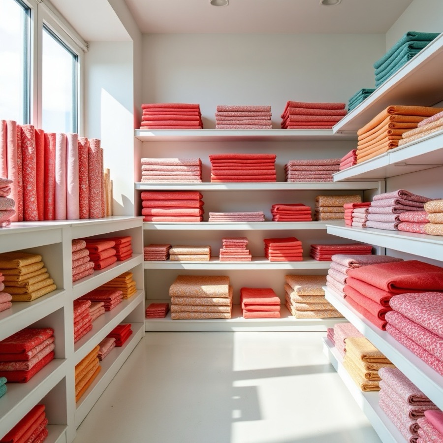 Colorful fabric bolts arranged on white retail shelves