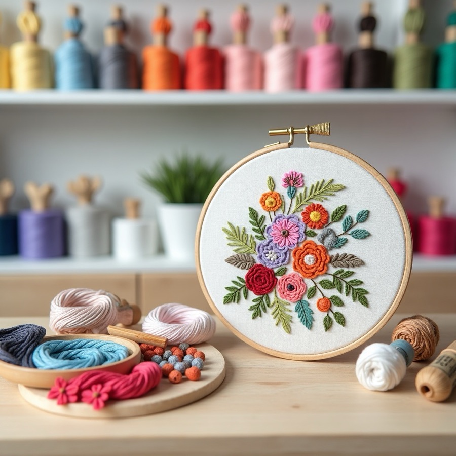 Embroidery and sewing kits with colorful floss packs