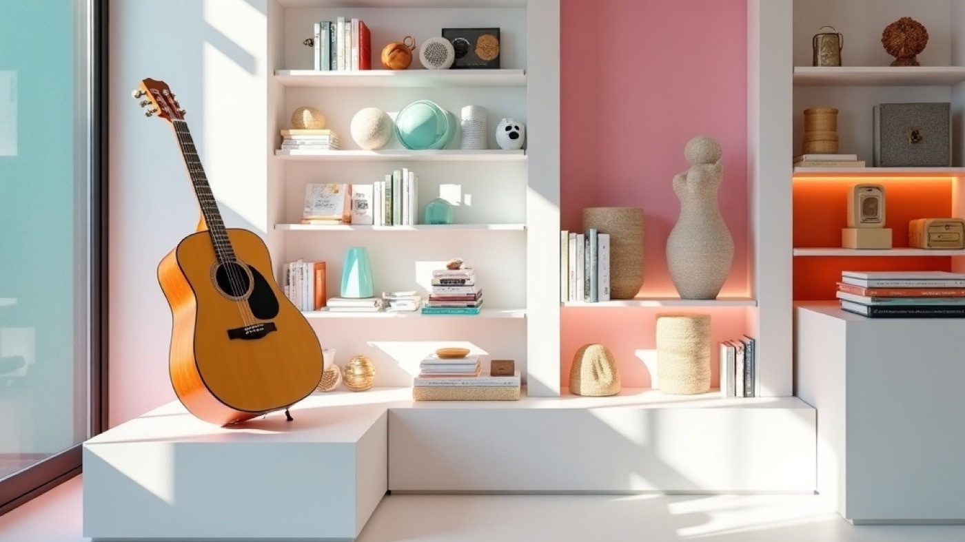 Guitar, books, and sport accessories on white display cubes