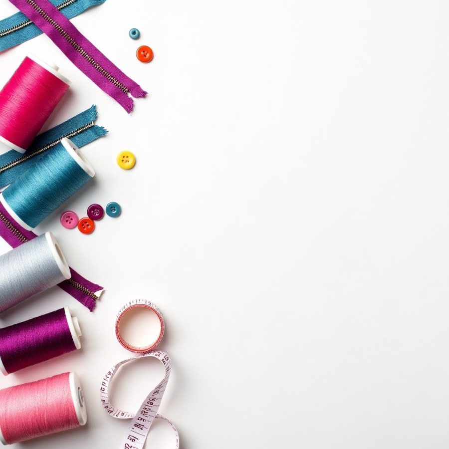Thread spools, zippers, buttons, and measuring tape flat lay