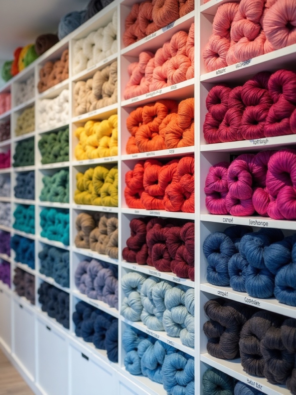Yarn wall with vivid skeins sorted by color